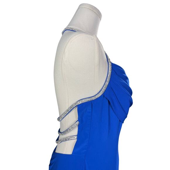 Morgan & Co Neon Royal Juniors Formal Dress NWT W Rhinestone Straps, Side Slit 9 - Picture 7 of 7